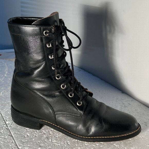 Justin SZ 8 Mckean 7" Black Leather Lace-Up Roper Boot Cottage Western Prairie - Picture 5 of 15